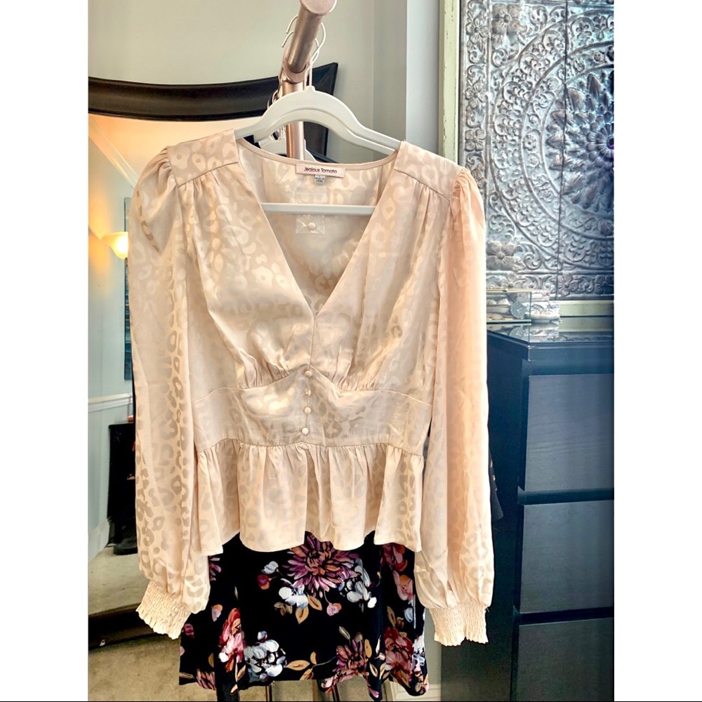Peplum Smocked Leopard Top- Beige
